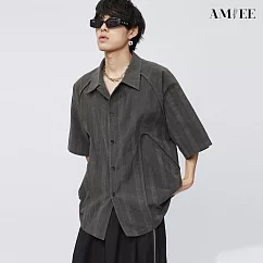 【AMIEE】暗條紋設計感復古短袖襯衫(男裝/深灰/M─2XL/KDTY─C130) M 深灰