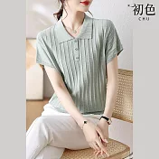 【初色】夏季時尚百搭純色針織短袖襯衫上衣-共3色-69007(F可選) F 綠色