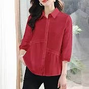 【MsMore】 襯衫韓版寬鬆氣質七分袖顯瘦斜裁寬鬆短版上衣# 119145 M 紅色