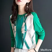 【MsMore】 雪紡衫印花拼接綠色針織薄款長袖短版米蘭風短版上衣# 119173 FREE 綠色