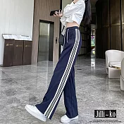 【Jilli~ko】紐扣條紋直筒休閒運動風褲 J10251  FREE 深藍色