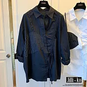 【Jilli~ko】假兩件不規則拼接格子寬鬆襯衫 J10987 FREE 黑色