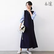 [衣途]優雅泡泡袖造型連衣裙洋裝M-L(KDDQ-B420) M 藍白條