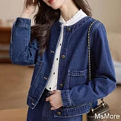 【MsMore】 原藍色牛仔長袖外套時尚設計感圓領復古小香風短版# 119217 L 深藍色