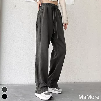 【MsMore】 美式做舊拼接運動褲窄版鬆緊高寬鬆闊腿律動設計感長褲# 119224 XL 深灰色