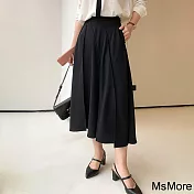 【MsMore】 赫本高腰黑絲消光網紋中長款純色百搭傘裙半身裙# 119235 M 黑色