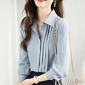 【MsMore】 純色灰藍褶皺長袖襯衫顯瘦百搭短版上衣# 119301 M 藍色