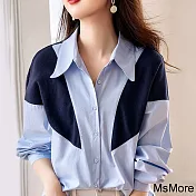 【MsMore】 氣質撞色拼接休閒舒適寬鬆顯瘦長袖短版襯衫上衣# 119302 M 藍色