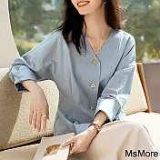 【MsMore】 知性通勤反摺長袖襯衫收腰優雅顯瘦減齡短版上衣# 119303 M 藍色