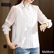 【MsMore】 時尚氣質淑女花邊襯衫長袖立領短版白色上衣# 119309 M 白色