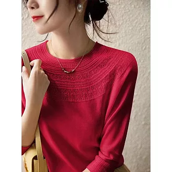 【MsMore】 法式氣質圓領鏤空冰絲針織寬鬆顯瘦七分袖短版上衣# 119344 FREE 紅色