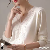 【MsMore】 時尚法式顯瘦上衣v領蕾絲拼接針織衫短版長袖# 119385 FREE 白色