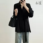 [衣途]流星絲麻高級設計綁帶襯衫M-L(KDTQ-B621) M 黑色