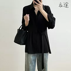 [衣途]流星絲麻高級設計綁帶襯衫M─L(KDTQ─B621) M 黑色
