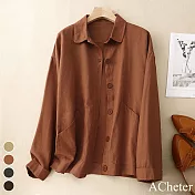 【ACheter】 復古斜紋棉質大口袋寬鬆休閒長袖襯衫外套短版上衣# 119315 M 磚紅色