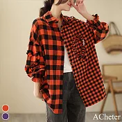 【ACheter】 時尚拼接格子小荷葉裝飾長袖襯衫大碼中長款上衣# 119317 M 紅色