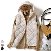 【ACheter】 輕薄保暖羽絨棉連帽馬甲背心氣質寬鬆無袖短版外套# 119327 M 米白色