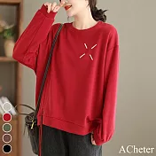 【ACheter】 寬鬆休閒個性抽繩長袖圓領印花百搭T恤短版上衣# 119362 FREE 紅色
