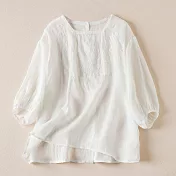 【ACheter】 五分袖上衣刺繡寬鬆文藝復古棉麻感圓領短版上衣# 119364 L 白色