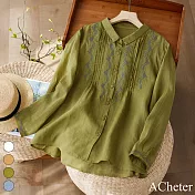 【ACheter】 刺繡蘆麻感襯衫文藝復古棉麻感上衣寬鬆休閒短版# 119371 L 綠色
