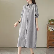 【ACheter】 日系寬鬆大碼長袖條紋棉麻感襯衫過膝長版襯衫外罩洋裝# 119373 XL 黑色