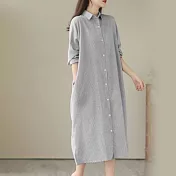 【ACheter】 日系寬鬆大碼長袖條紋棉麻感襯衫過膝長版襯衫外罩洋裝# 119373 M 灰色