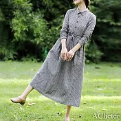 【ACheter】 復古文藝格子棉麻連身裙收腰顯瘦長袖襯衫長版洋裝# 119374 M 黑白色