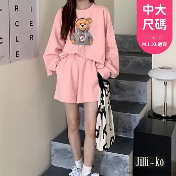 【Jilli~ko】兩件套小熊印花休閒衛衣運動套裝 J10988  FREE 粉紅色