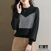 【Jilli~ko】小香風雪紡壓褶燈籠袖拼接針織衫 J10973  FREE 黑色