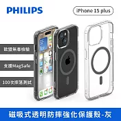 PHILIPS iPhone 15系列 磁吸式透明防摔強化保護殼-灰  iPhone 15 Plus