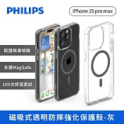 PHILIPS iPhone 15系列 磁吸式透明防摔強化保護殼-灰  iPhone 15 Pro Max