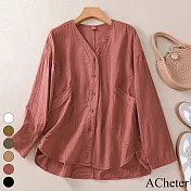 【ACheter】 復古襯衫文藝雙層棉紗襯衣氣質長袖寬鬆純色百搭外罩短版上衣# 119335 L 紅色