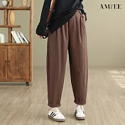 【AMIEE】斜紋復古寬鬆鬆緊哈倫褲(2色/M-2XL/KDPQ-9029) M 咖色