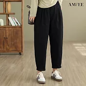 【AMIEE】斜紋復古寬鬆鬆緊哈倫褲(2色/M-2XL/KDPQ-9029) XL 黑色