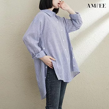 【AMIEE】線條側開衩設計感襯衫(2色/M-2XL/KDTQ-6202) XL 藍色條紋