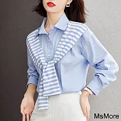 【MsMore】 披肩條紋藍色襯衫設計感假兩件雪紡衫短版上衣# 118711 L 藍色