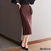 【MsMore】 職場幹練開叉飄帶高腰中長版美人包臀半身裙# 118720 L 棕色