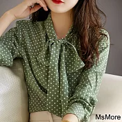 【MsMore】 顯白牛油綠溫柔知性美飄帶絲質波點長袖襯衫短版上衣# 118768 M 綠色