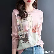 【MsMore】 粉色時尚絲質印花拼接針織衫薄款長袖短版上衣# 119175 FREE 粉紅色