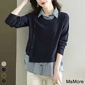 【MsMore】 襯衫拼接假兩件毛衣寬鬆設計感短版休閒針織上衣# 119469 FREE 藏青色