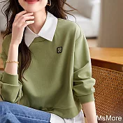 【MsMore】 休閒假兩件長袖襯衫簡約笑臉刺繡百搭質感短版上衣# 119590 M 綠色