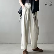 [衣途]天絲棉高腰俐落捲邊直筒褲M-L(KDPQ-B021) M 米白色