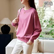 【初色】純色簡約不對稱字母印花舒適寬鬆圓領長袖螺紋T恤上衣-粉色-30398(M-2XL可選) XL 粉色