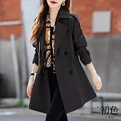 【初色】大翻領束腰雙排扣單色顯瘦風衣休閒西裝外套-共3色-64309(M-2XL可選) M 黑色