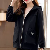 【MsMore】 休閒大碼寬鬆連帽長袖韓版減齡夾克短外套# 119143 L 黑色