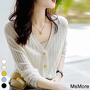 【MsMore】 韓版海星金屬扣法式V領氣質長袖針織純色開衫短版上衣# 119488 FREE 白色