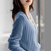【MsMore】 韓版海星金屬扣法式V領氣質長袖針織純色開衫短版上衣# 119488 FREE 藍色