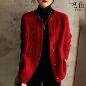 【初色】柔軟麻花毛衣針織開衫外套-共3色-65206(F可選) F 紅色