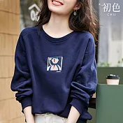 【初色】圓領寬鬆塗鴉刺繡長袖T恤上衣-共2色-30406(M-2XL可選) XL 藍色