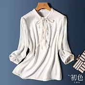 【初色】純色透氣薄款拼接圓領抽繩長袖襯衫女上衣-共2色-30339(M-2XL可選) XL 白色